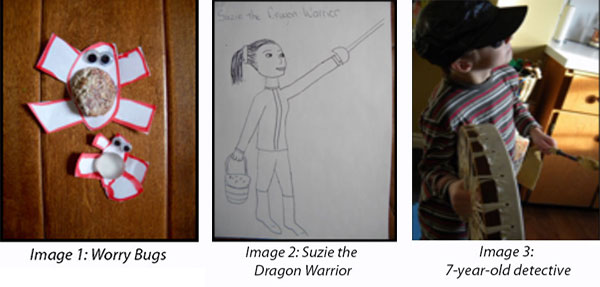 image 1 - worry bugs, image 2 - suzie the dragon warrior, image 3 - 7-year-old detective