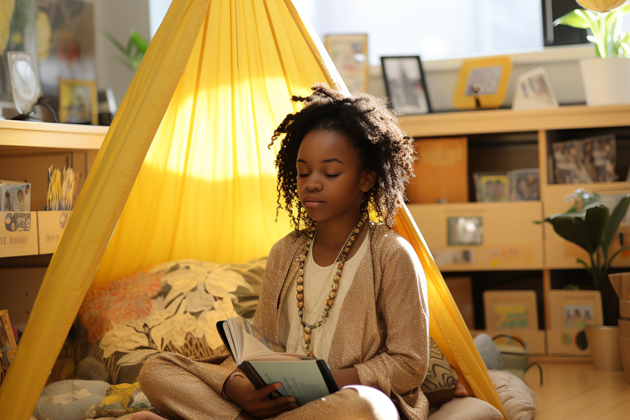 young black girl sitting in calming corner in classroom